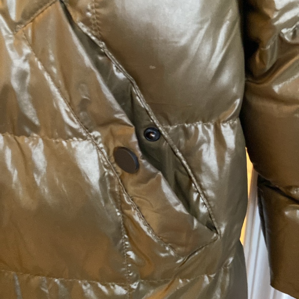 Andrew Marc long olive green puffer coat with furred hood. Zipper, snaps. Med - Picture 3 of 7